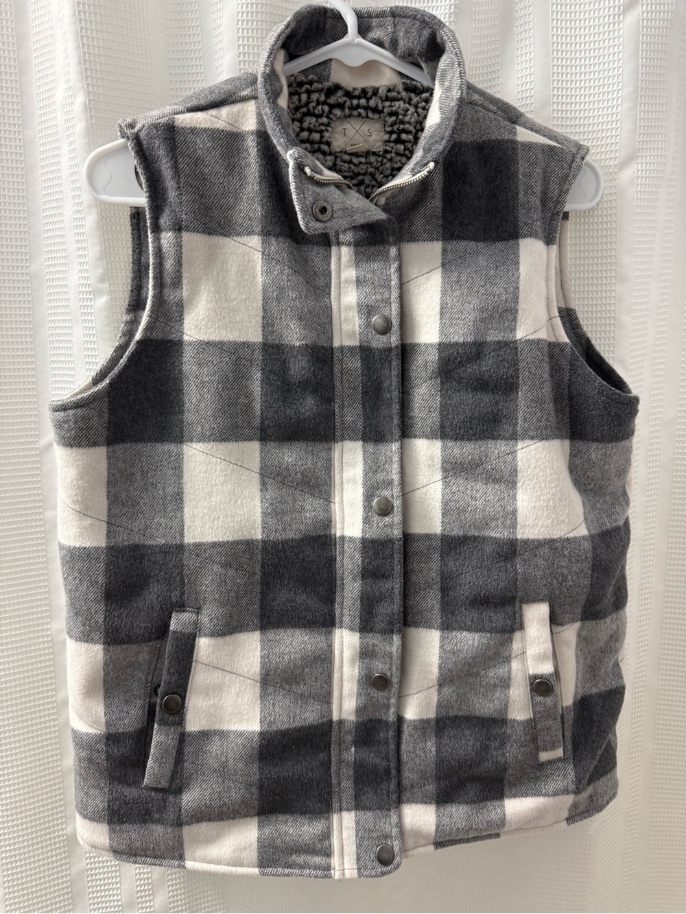 Grey & White Plaid Sherpa-Lined Vest